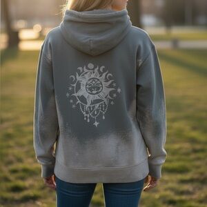 Upcycled bleach stain sun & moon sweater in grey. Unisex size small-womens M/L